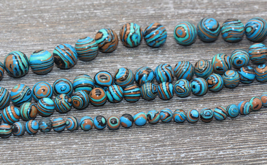Peacock Stone Beads, Malachite Synthetic Beads, Smooth Gemstone Round Beads, Blue Brown and Black Beads, Sizes 6mm 8mm 10mm 12mm #98