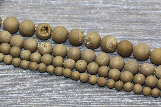 Golden Druzy Agate Beads, Round Matte Gemstone Loose Beads, 6mm 8mm 10mm 12mm, Full Strand, #151