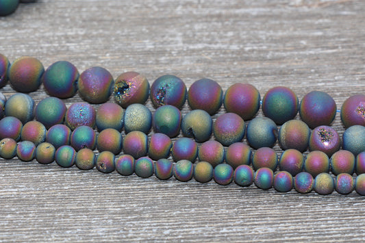 Rainbow Druzy Agate Beads, Round Matte Gemstone Loose Beads, 6mm 8mm 10mm 12mm, Full Strand, #152