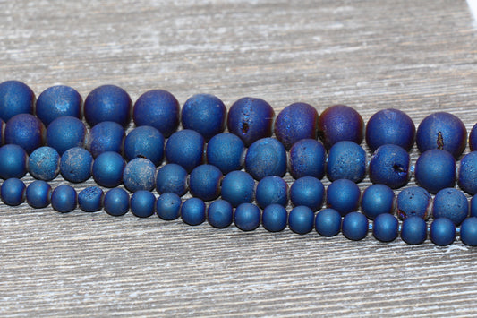 Blue Druzy Agate Beads, Round Matte Gemstone Loose Beads, 6mm 8mm 10mm 12mm, Full Strand, #153