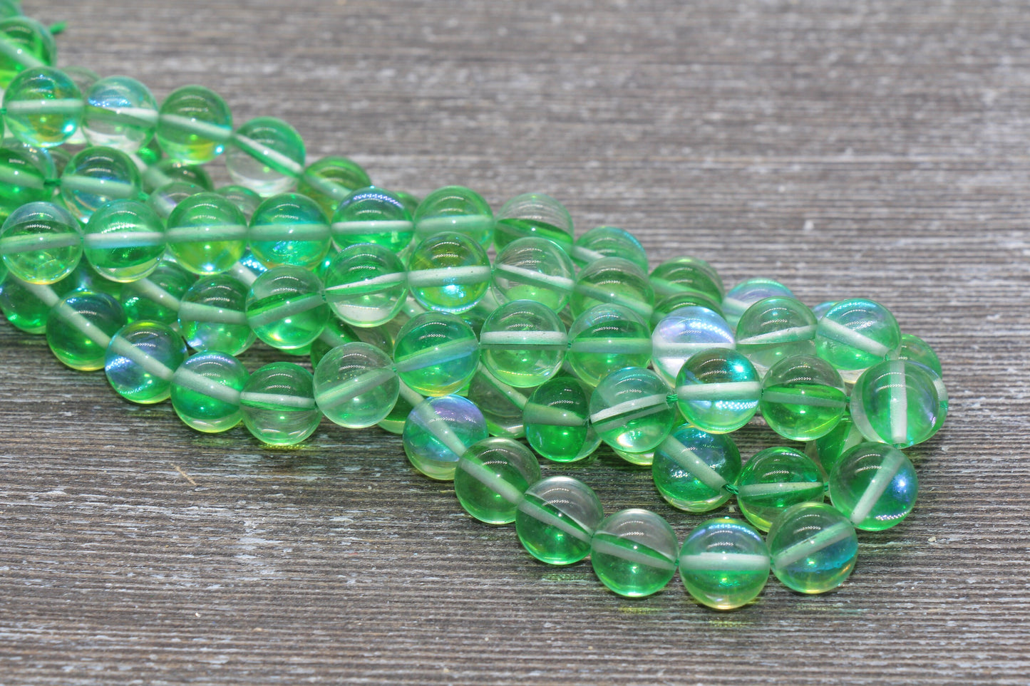 Green Mystic Aura Quartz Beads, Holographic Gemstone Smooth Round Loose Beads, Iridescent Beads, Sizes 6mm 8mm 10mm, Full Strand #163