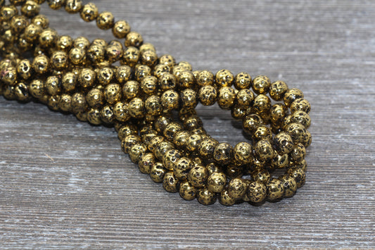 Lava Beads, Antique Gold Plating Volcanic Rock Beads, Round Gemstone Beads, Electroplated, Sizes 6mm, 8mm 10mm, Full Strand 15.5 #135