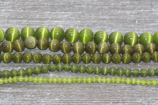 Olive Green Cat Eye Beads, Smooth Round Beads, Sizes 4mm 6mm 8mm 10mm 12mm, Full Strand 15.5 inch, #180