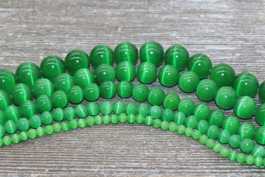 Green Cat Eye Beads, Smooth Round Beads, Sizes 4mm 6mm 8mm 10mm 12mm, Full Strand 15.5 inch, #181
