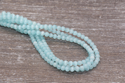 Aquamarine Blue Cat Eye Beads, Smooth Round Beads, Sizes 4mm 6mm 8mm 10mm 12mm, Full Strand 15.5 inch, #183