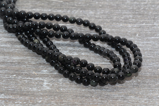 Rainbow Black Obsidian Beads, Black Gemstone Smooth Round Loose Beads, Size 6mm 8mm 10mm 12mm, Full Strand 15 inch, #169