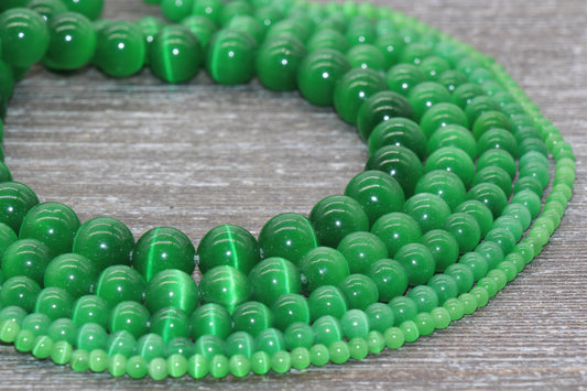 Green Cat Eye Beads, Smooth Round Beads, Sizes 4mm 6mm 8mm 10mm 12mm, Full Strand 15.5 inch, #181