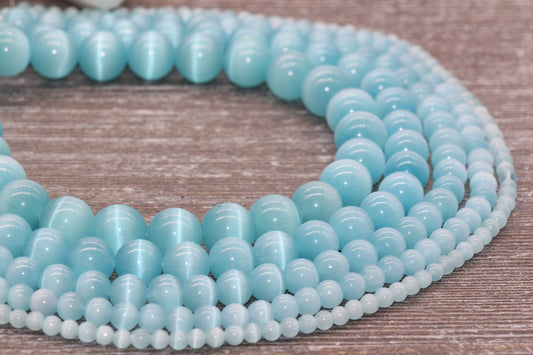 Aquamarine Blue Cat Eye Beads, Smooth Round Beads, Sizes 4mm 6mm 8mm 10mm 12mm, Full Strand 15.5 inch, #183