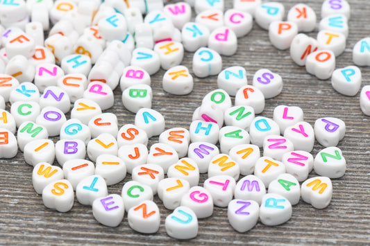 Multicolor Heart Alphabet Letter Beads, White Heart Letters Beads, Mixed Acrylic Alphabet Beads, Name Beads 7mm #230