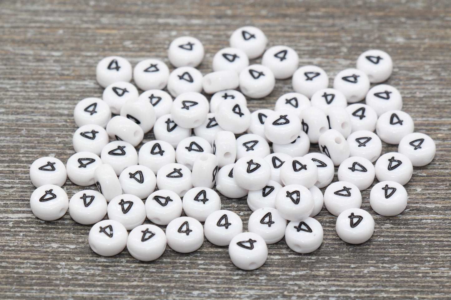 Individual 7mm flat round acrylic number bead, white with black number 4