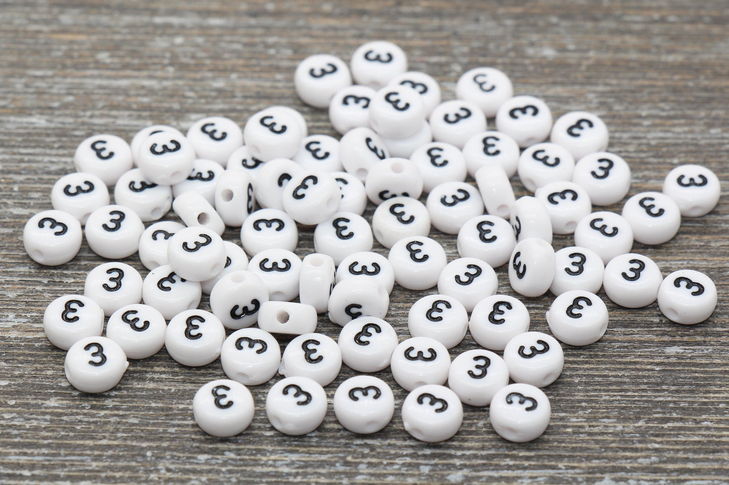 Individual 7mm flat round acrylic number bead, white with black number 3;