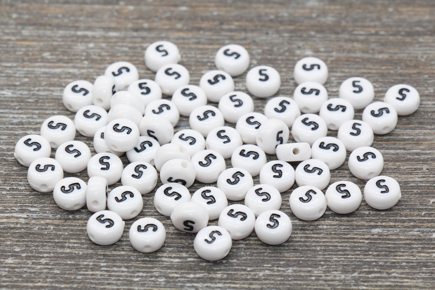 Individual 7mm flat round acrylic number bead, white with black number 5; White round bead with black number 5