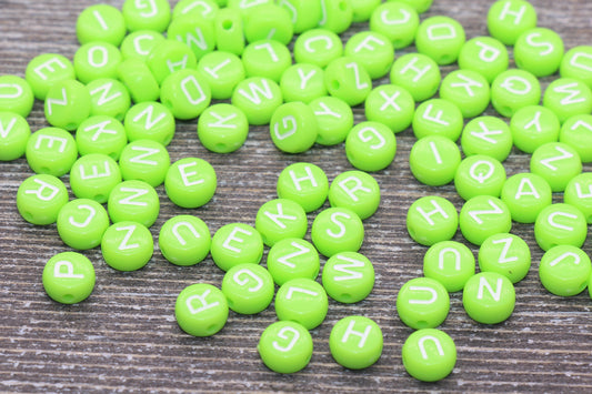 Green Alphabet Letter Beads, Mix Letter Beads, Acrylic Green and White Letter Beads, Round Acrylic Beads, Initial Beads, Name Beads 7mm #42