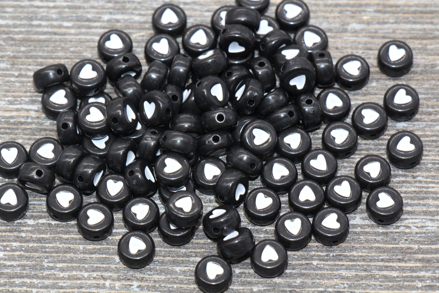 Black Heart Beads, Acrylic Black and White Heart Beads, Plastic Heart Beads, Acrylic Symbol Beads, Heart Beads, Size 7mm#95