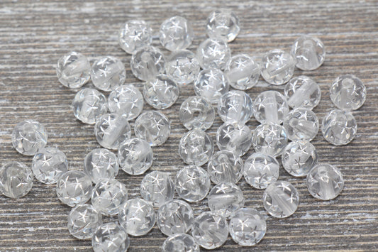 8mm Translucent Clear Gumball Beads with Silver Stars, Round Acrylic Loose Beads, Bubblegum Beads, Chunky Beads, Plastic Round Beads #29
