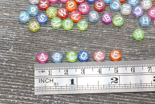 Translucent Multicolor AB Alphabet Letter Beads, Rainbow Iridescent Letter Beads, Round Acrylic Beads, Name Initial Beads, Size 7mm #844