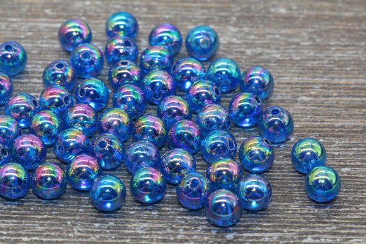 8mm Royal Blue AB Round Beads, Iridescent Acrylic Gumball Beads, Transparent Round Spacer Beads, Bubblegum Beads, Plastic Round Bead #927