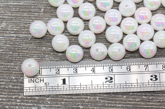 10mm White AB Round Beads, Iridescent Acrylic Gumball Beads, White Round Spacer Beads, Bubblegum Beads, Plastic Round Bead #936