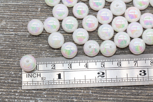12 mm White AB Round Beads, Iridescent Acrylic Gumball Beads, White Round Spacer Beads, Bubblegum Beads, Plastic Round Bead #944