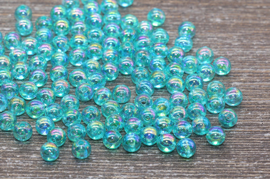 6mm Sea Green AB Round Beads, Iridescent Acrylic Gumball Beads, Transparent Round Spacer Beads, Bubblegum Beads, Plastic Round Bead #914