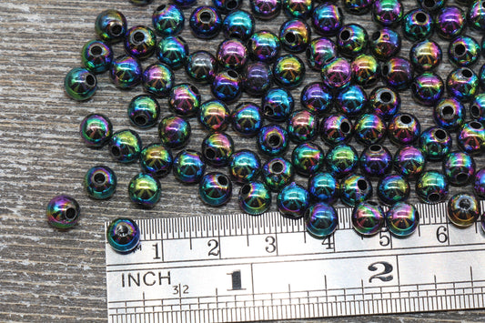 6mm Black AB Round Beads, Iridescent Acrylic Gumball Beads, Transparent Round Spacer Beads, Bubblegum Beads, Plastic Round Bead #915