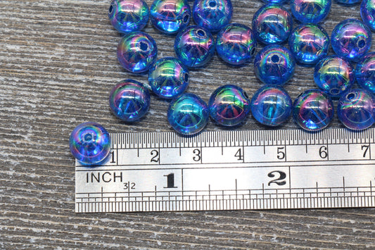 10mm Royal Blue AB Round Beads, Iridescent Acrylic Gumball Beads, Transparent Round Spacer Beads, Bubblegum Beads, Plastic Round Bead #940