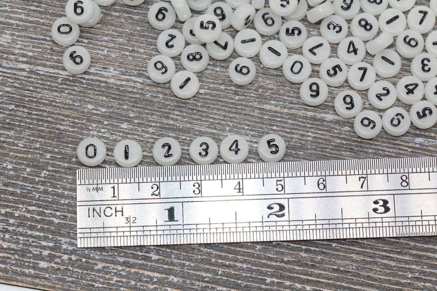 7 mm flat round glow-in-the-dark acrylic number beads; glowing number beads