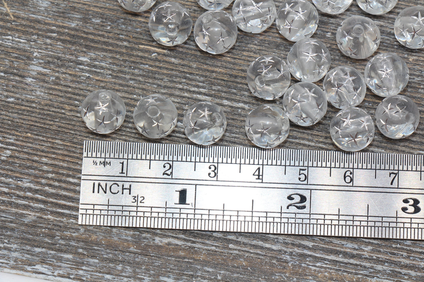 10mm Translucent Clear Gumball Beads with Silver Stars, Round Acrylic Loose Beads, Bubblegum Beads, Chunky Beads, Plastic Round Beads #380