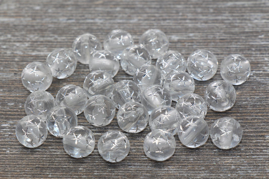 10mm Translucent Clear Gumball Beads with Silver Stars, Round Acrylic Loose Beads, Bubblegum Beads, Chunky Beads, Plastic Round Beads #380