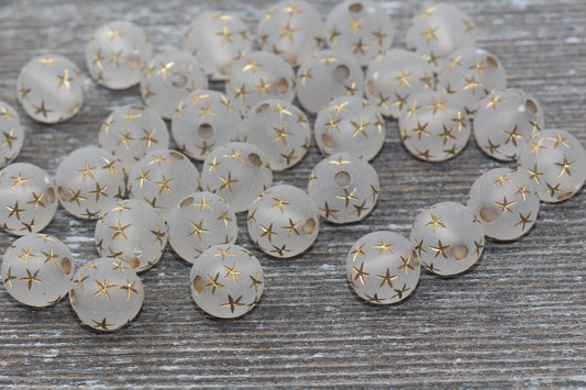 10mm Matte Translucent Gumball Beads with Gold Stars, Round Acrylic Loose Beads, Bubblegum Beads, Chunky Beads, Smooth Plastic Beads #386