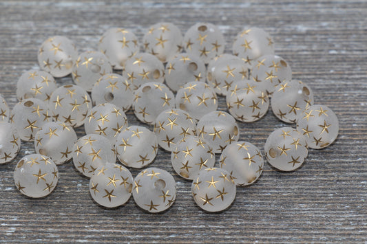 10mm Matte Translucent Gumball Beads with Gold Stars, Round Acrylic Loose Beads, Bubblegum Beads, Chunky Beads, Smooth Plastic Beads #386