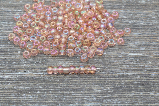 Transparent Iridescent Glass Seed Beads, 4mm 6/0 Glass Round Seed Beads, Peach AB Trans Seed Beads, Rocailles Beads, Beading Supplies #2250
