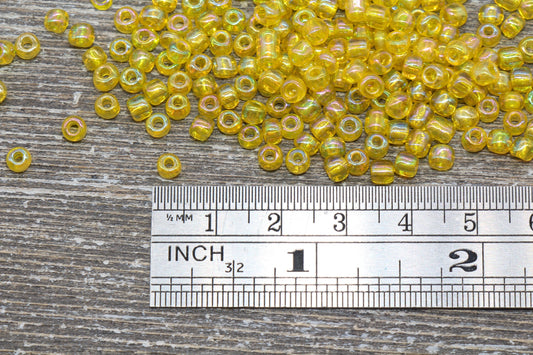 Transparent Iridescent Glass Seed Beads, 4mm 6/0 Glass Round Seed Beads, Yellow AB Trans Seed Beads, Rocailles Beads, Beading Supplies #1149