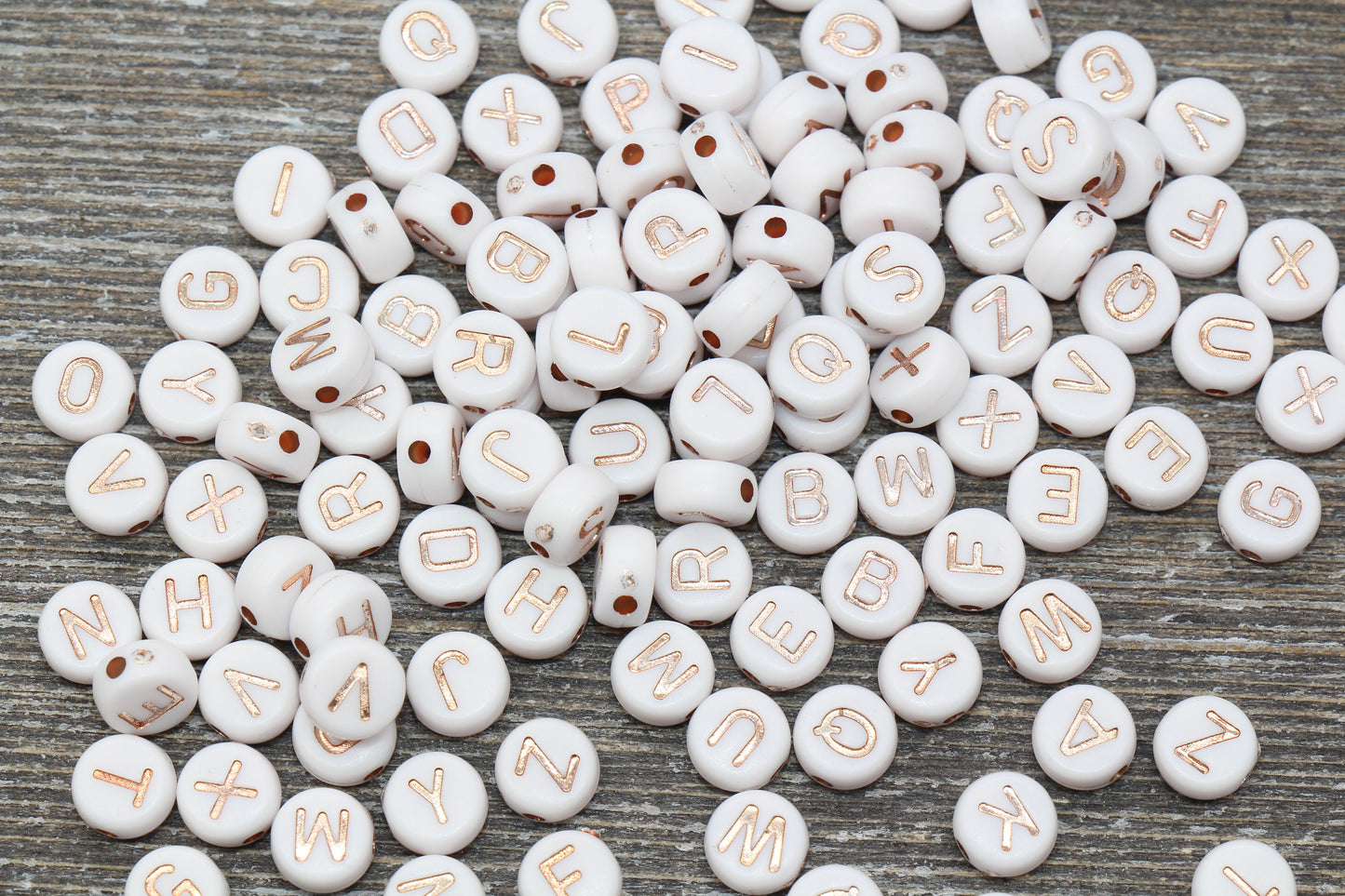 Rose Gold Alphabet Letter Beads, Acrylic White and Rose Gold Letter Beads, Round Acrylic Beads, ABC Letter Beads, Name Beads, Size 7mm