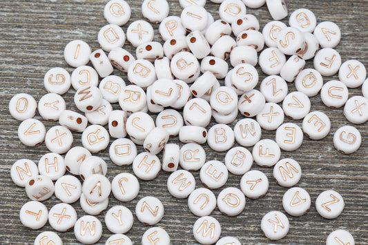 Rose Gold Alphabet Letter Beads, Acrylic White and Rose Gold Letter Beads, Round Acrylic Beads, ABC Letter Beads, Name Beads, Size 7mm