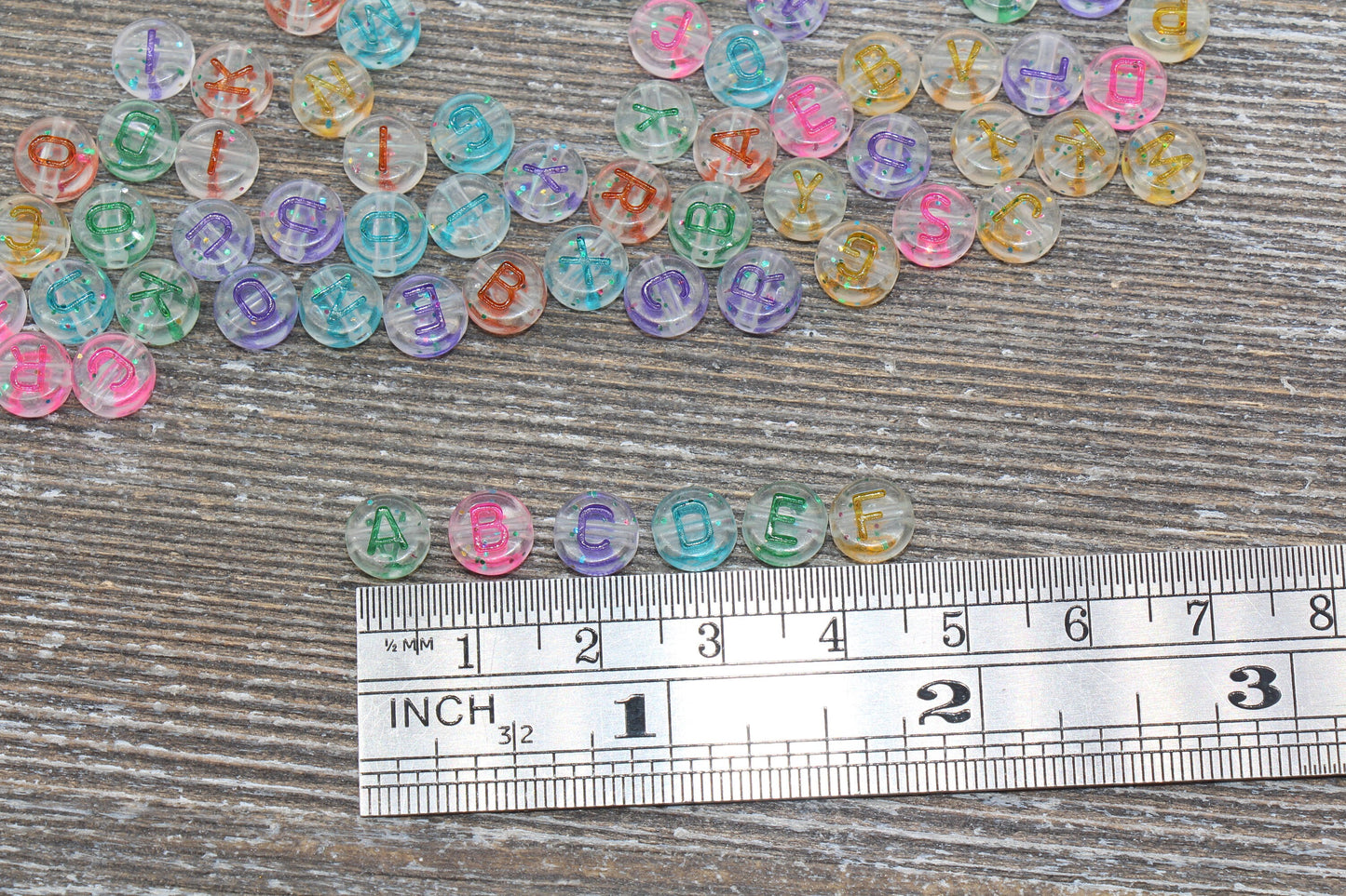 Multicolored Translucent Alphabet Letter Beads, Acrylic Clear Letters Beads with Glitter, Round Acrylic Beads, Name Beads 7mm #156