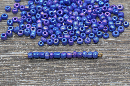 Purple AB 4mm 6/0 round glass seed beads with shiny iridescent finish for bracelets, jewelry making, beadwork, and DIY crafts