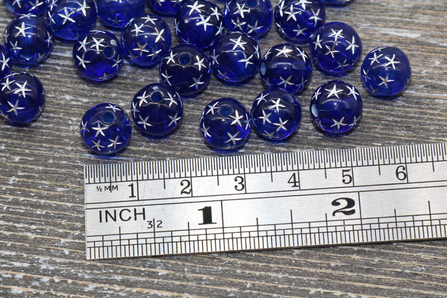 10mm Royal Blue Gumball Beads with Silver Stars, Round Acrylic Loose Beads, Bubblegum Beads, Chunky Beads, Smooth Plastic Round Beads #1188