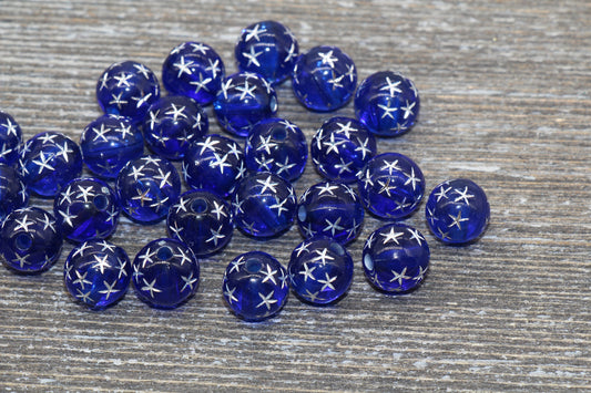 10mm Royal Blue Gumball Beads with Silver Stars, Round Acrylic Loose Beads, Bubblegum Beads, Chunky Beads, Smooth Plastic Round Beads #1188