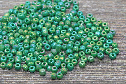 Iridescent Glass Seed Beads, 4mm 6/0 Glass Round Seed Beads, Green AB Opaque Seed Beads, Rocailles Beads, Beading Supplies #1193
