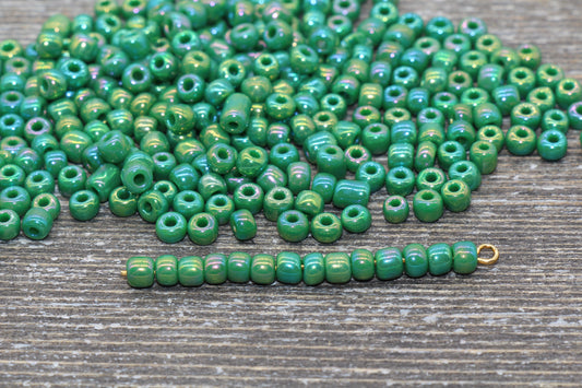 Iridescent Glass Seed Beads, 4mm 6/0 Glass Round Seed Beads, Green AB Opaque Seed Beads, Rocailles Beads, Beading Supplies #1193