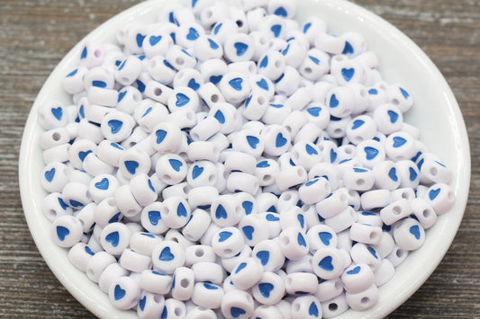 Blue Heart Beads, Round Heart Beads, White Beads with Blue Heart Symbol, Plastic Heart Beads, Acrylic Heart Symbol Beads, Size 7mm #846