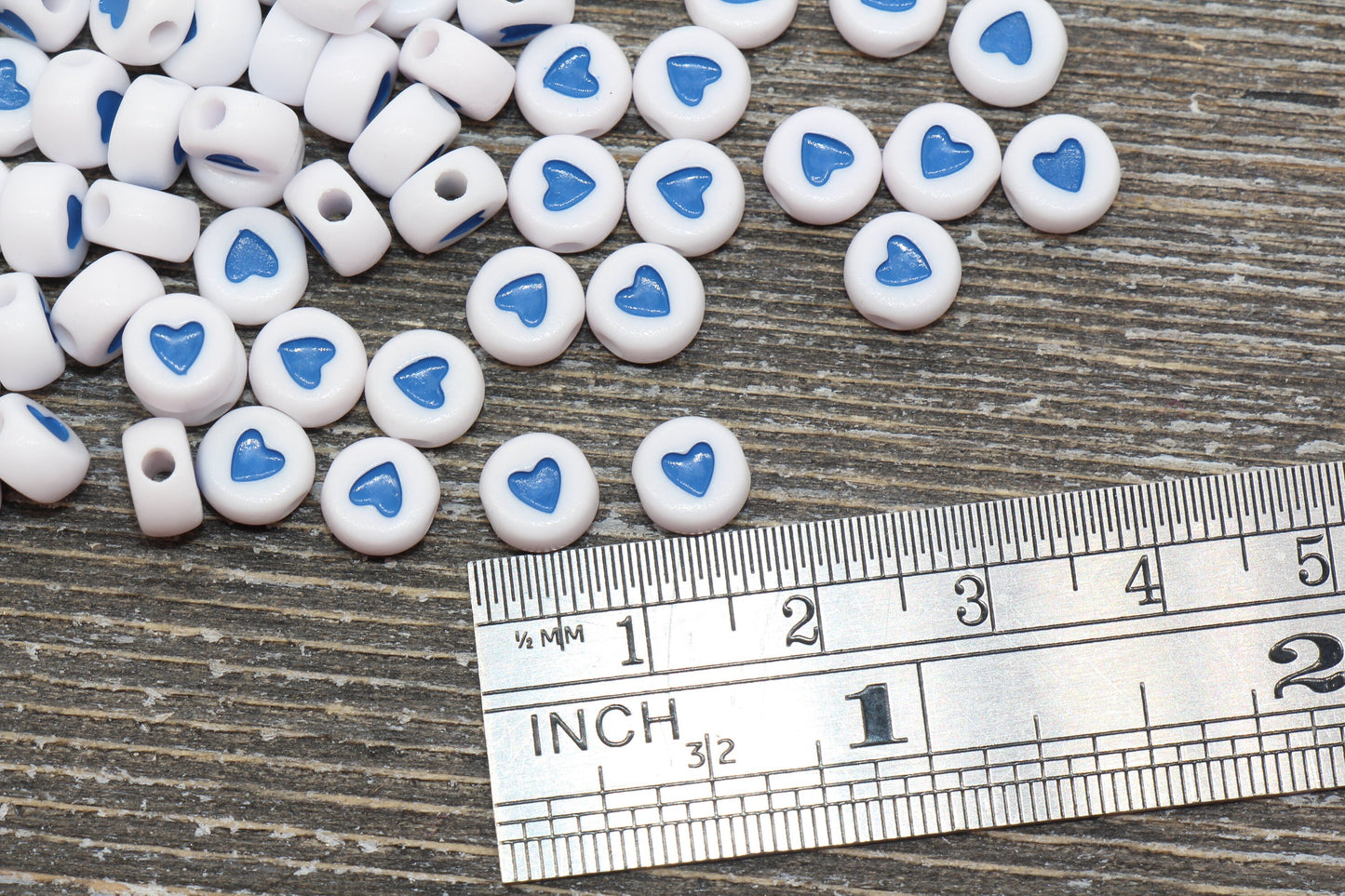 Blue Heart Beads, Round Heart Beads, White Beads with Blue Heart Symbol, Plastic Heart Beads, Acrylic Heart Symbol Beads, Size 7mm #846