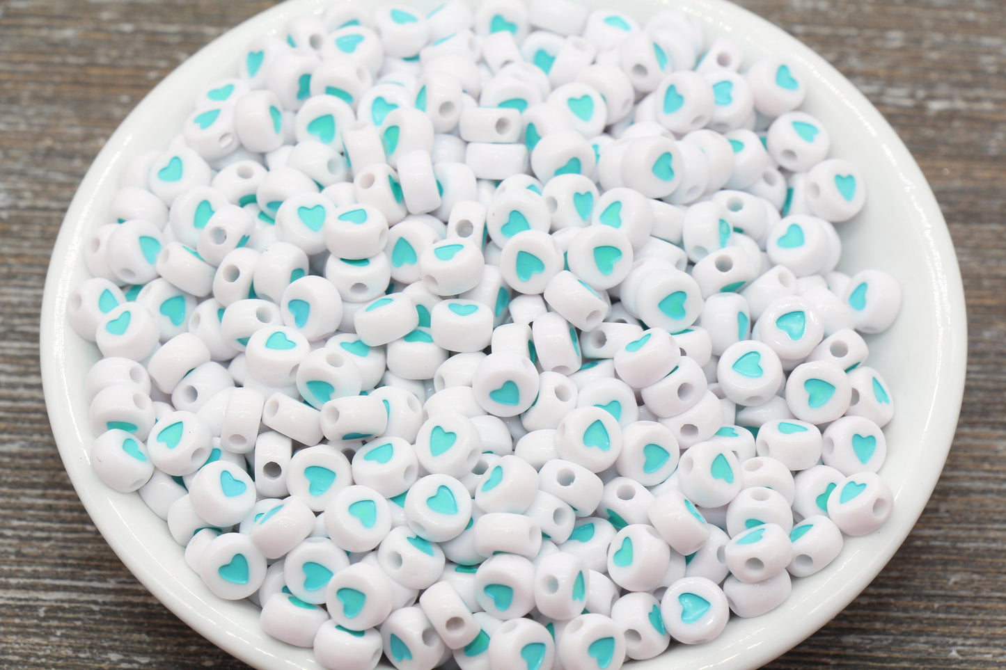 Aqua Blue Heart Beads, White Beads with Blue Hearts Beads, Plastic Heart Beads, Round Beads, Acrylic Heart Symbol Beads, Size 7mm #109