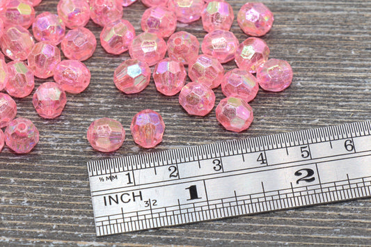 8mm Pink AB Faceted Gumball Beads, Translucent Pink Iridescent Faceted Acrylic Loose Beads, Bubblegum Beads, Star Cut Rainbow Beads #1255