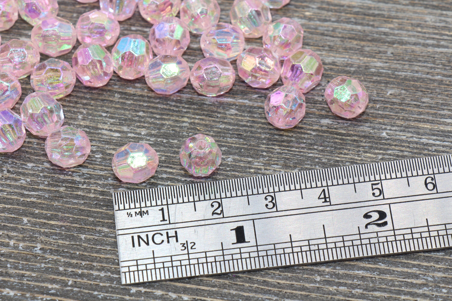 8mm Baby Pink Faceted Gumball Beads, Translucent Pink Iridescent Faceted Acrylic Loose Beads, Bubblegum Beads, Star Cut Rainbow Beads #1258