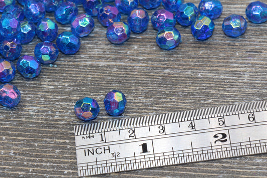 8mm Royal Blue Faceted Gumball Beads, Royal Blue Iridescent Faceted Acrylic Loose Beads, Bubblegum Beads, Star Cut Rainbow Beads #1260