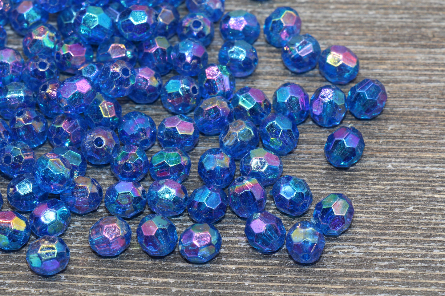 8mm Royal Blue Faceted Gumball Beads, Royal Blue Iridescent Faceted Acrylic Loose Beads, Bubblegum Beads, Star Cut Rainbow Beads #1260