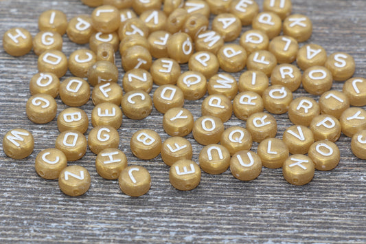 Gold Alphabet Letter Beads, Acrylic Gold with White Letters, Round Acrylic Beads, ABC Letter Beads, Name Beads, 7mm #17