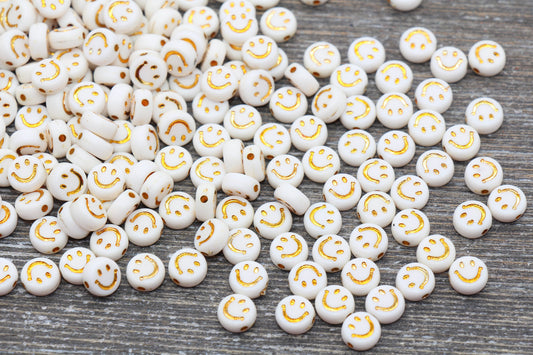 Smiley Face Round Beads, White with Gold Emoji Beads, Happy Face Beads, Plastic Round Beads Size 7mm #367